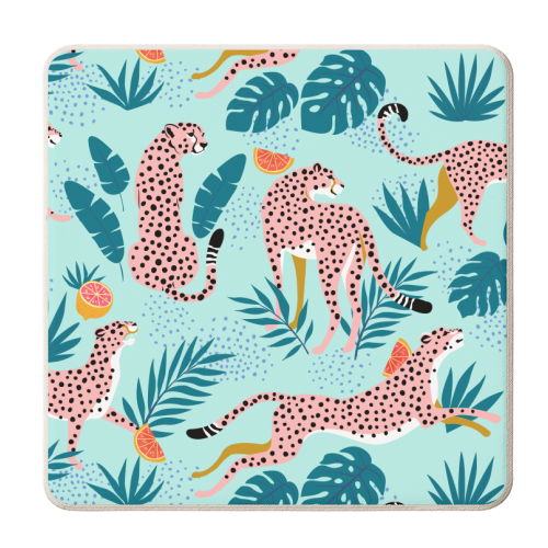 Cheetahs In The Grapefruit Grove, Tropical Jungle bohemian Wildlife, Tiger Wild Cat Nature Forest - personalised beer coaster by Uma Prabhakar Gokhale