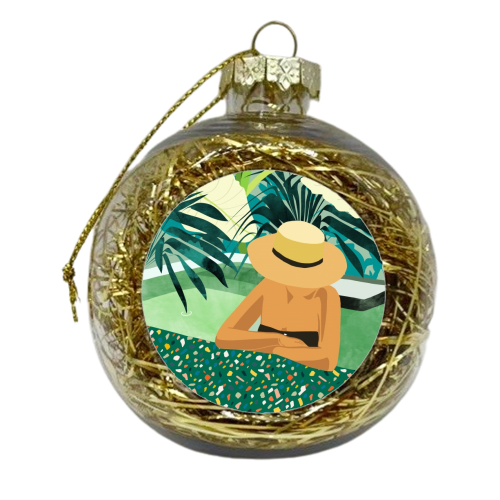 Chill, Modern Bohemian Black Woman Travel Illustration | Terrazzo Tropical Swimming Pool Fashion - xmas bauble by Uma Prabhakar Gokhale