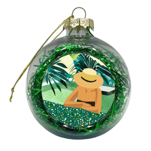 Chill, Modern Bohemian Black Woman Travel Illustration | Terrazzo Tropical Swimming Pool Fashion - xmas bauble by Uma Prabhakar Gokhale