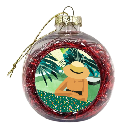 Chill, Modern Bohemian Black Woman Travel Illustration | Terrazzo Tropical Swimming Pool Fashion - xmas bauble by Uma Prabhakar Gokhale