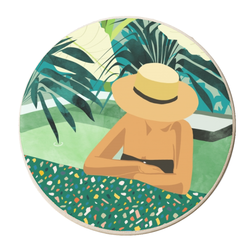 Chill, Modern Bohemian Black Woman Travel Illustration | Terrazzo Tropical Swimming Pool Fashion - personalised beer coaster by Uma Prabhakar Gokhale