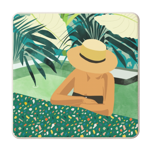 Chill, Modern Bohemian Black Woman Travel Illustration | Terrazzo Tropical Swimming Pool Fashion - personalised beer coaster by Uma Prabhakar Gokhale