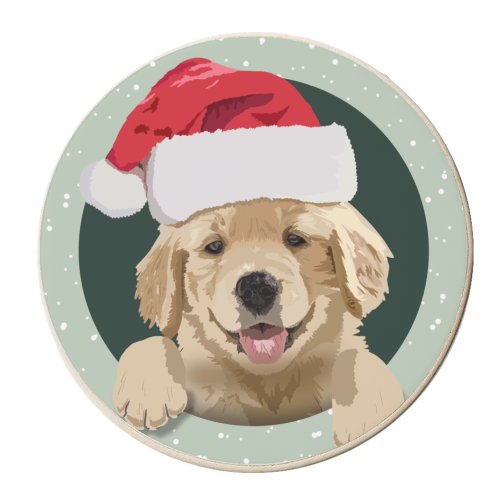 Christmas golden Retriever puppy print - personalised beer coaster by The Girl Next Draw