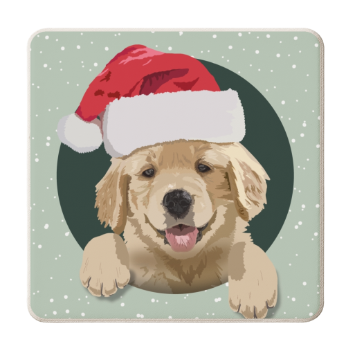 Christmas golden Retriever puppy print - personalised beer coaster by The Girl Next Draw