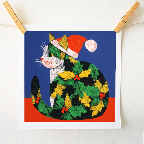 Christmas kitty with hat - A1 - A4 art print by DejaReve