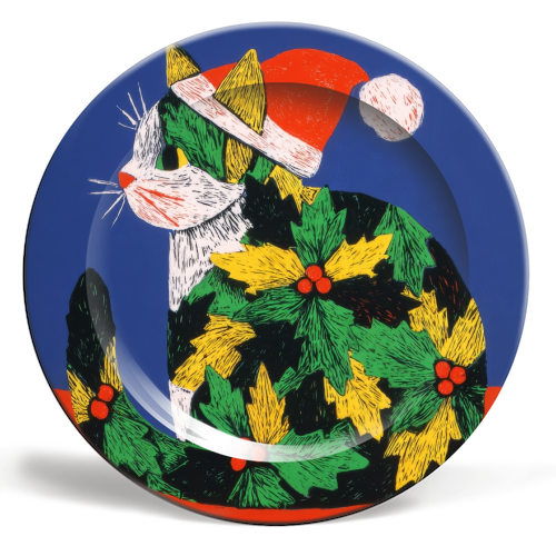 Christmas kitty with hat - ceramic dinner plate by DejaReve