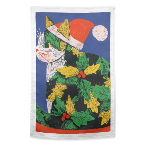 Christmas kitty with hat - funny tea towel by DejaReve