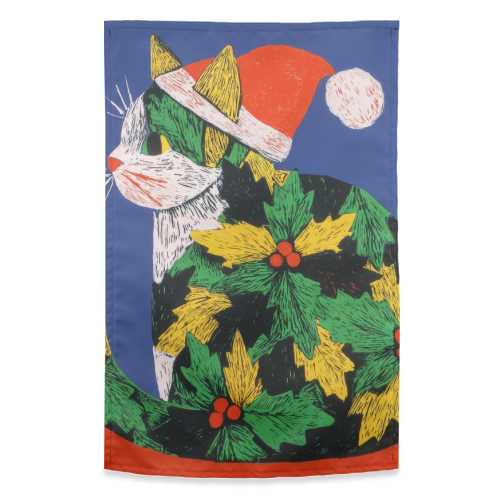 Christmas kitty with hat - funny tea towel by DejaReve