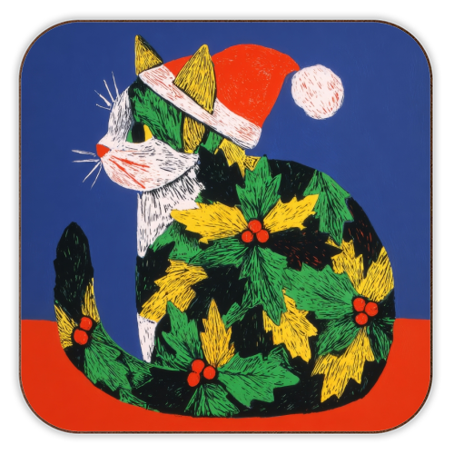 Christmas kitty with hat - personalised beer coaster by DejaReve