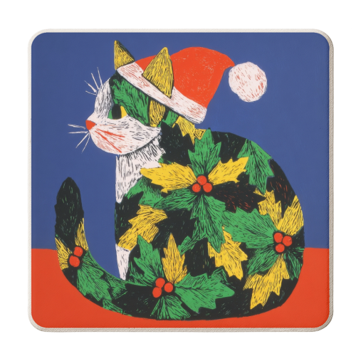 Christmas kitty with hat - personalised beer coaster by DejaReve
