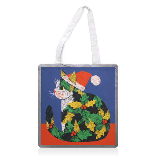 Christmas kitty with hat - printed canvas tote bag by DejaReve