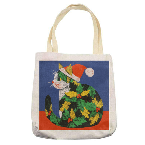 Christmas kitty with hat - printed canvas tote bag by DejaReve