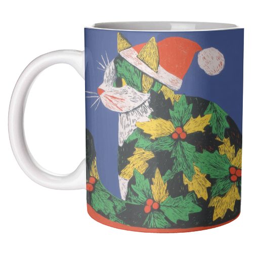 Christmas kitty with hat - unique mug by DejaReve