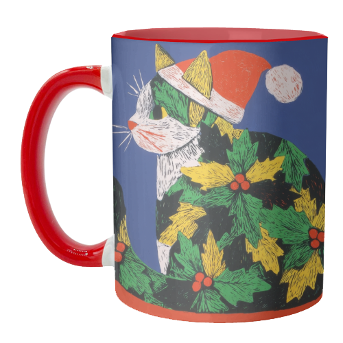 Christmas kitty with hat - unique mug by DejaReve