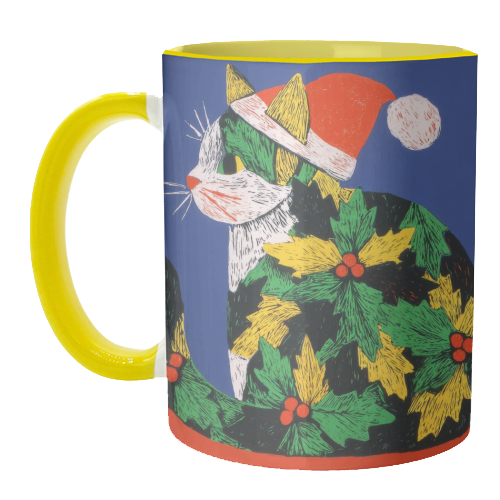 Christmas kitty with hat - unique mug by DejaReve
