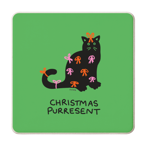 Christmas Purresent Cat - personalised beer coaster by Lucy Elliott