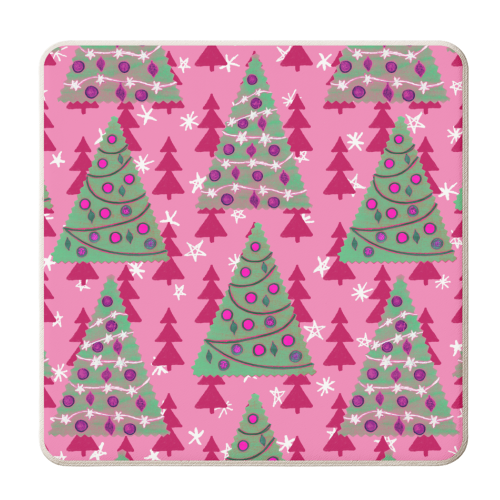 Christmas Trees on Hot Pink - personalised beer coaster by MitaDreamDesigns
