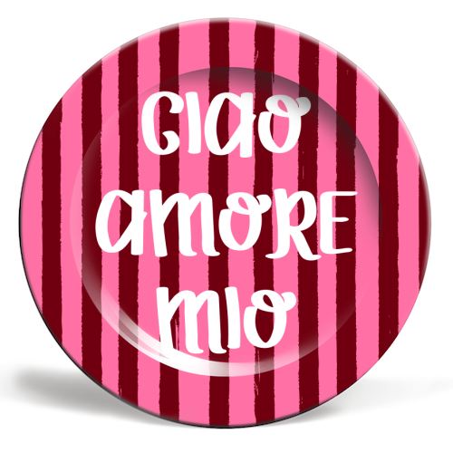 Ciao Amore Mio Pink Retro Stripes - ceramic dinner plate by EZbie
