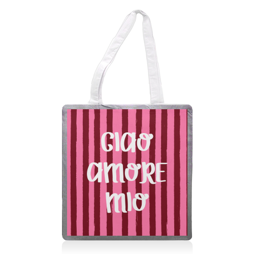 Ciao Amore Mio Pink Retro Stripes - printed canvas tote bag by EZbie