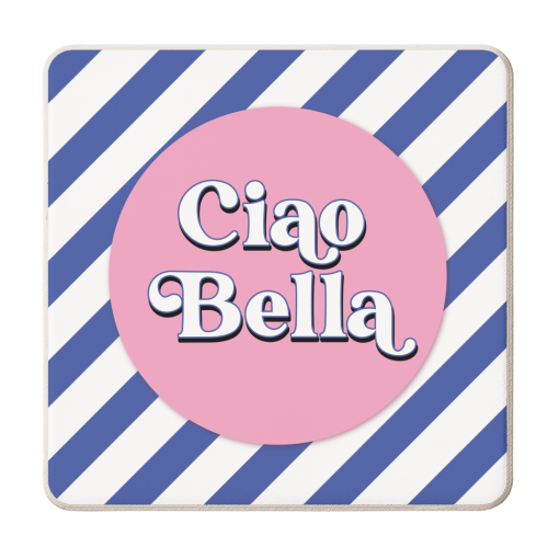 CIAO BELLA - HELLO BEAUTIFUL - BLUE PINK STRIPE - personalised beer coaster by Mad Philomena