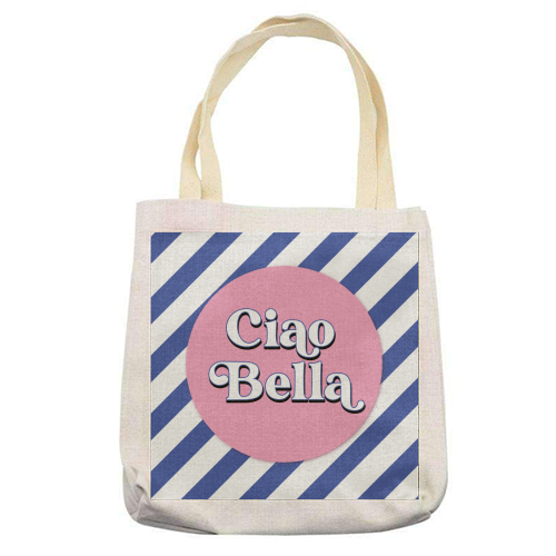 CIAO BELLA - HELLO BEAUTIFUL - BLUE PINK STRIPE - printed canvas tote bag by Mad Philomena