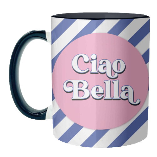 CIAO BELLA - HELLO BEAUTIFUL - BLUE PINK STRIPE - unique mug by Mad Philomena