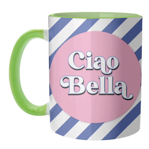 CIAO BELLA - HELLO BEAUTIFUL - BLUE PINK STRIPE - unique mug by Mad Philomena