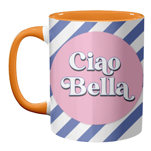 CIAO BELLA - HELLO BEAUTIFUL - BLUE PINK STRIPE - unique mug by Mad Philomena