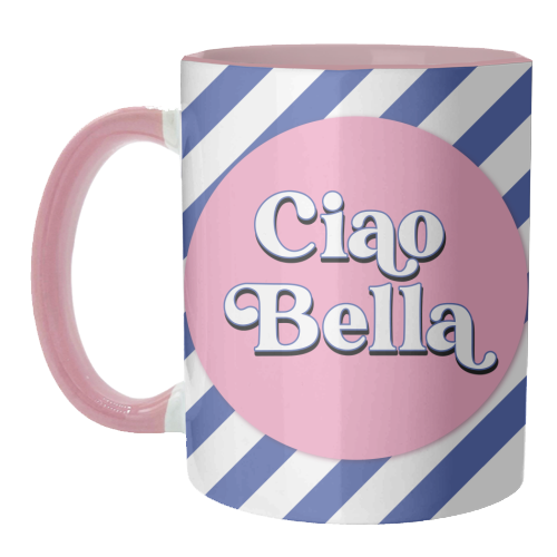 CIAO BELLA - HELLO BEAUTIFUL - BLUE PINK STRIPE - unique mug by Mad Philomena