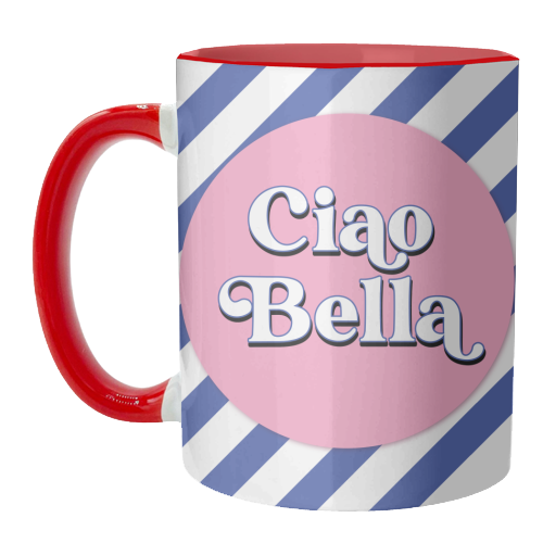 CIAO BELLA - HELLO BEAUTIFUL - BLUE PINK STRIPE - unique mug by Mad Philomena