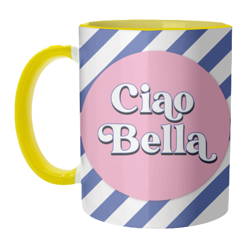 CIAO BELLA - HELLO BEAUTIFUL - BLUE PINK STRIPE - unique mug by Mad Philomena