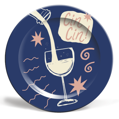 Cin Cin white wine print - ceramic dinner plate by Giddy Kipper