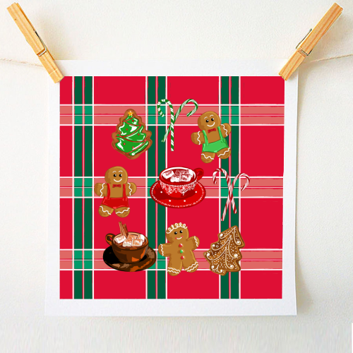 Classic Gingerbread Christmas Treats on Red Green Plaid Pattern - A1 - A4 art print by EZbie