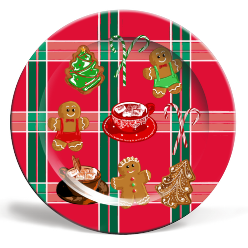 Classic Gingerbread Christmas Treats on Red Green Plaid Pattern - ceramic dinner plate by EZbie