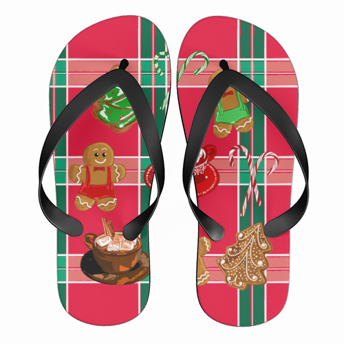 Classic Gingerbread Christmas Treats on Red Green Plaid Pattern - funny flip flops by EZbie