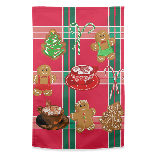 Classic Gingerbread Christmas Treats on Red Green Plaid Pattern - funny tea towel by EZbie