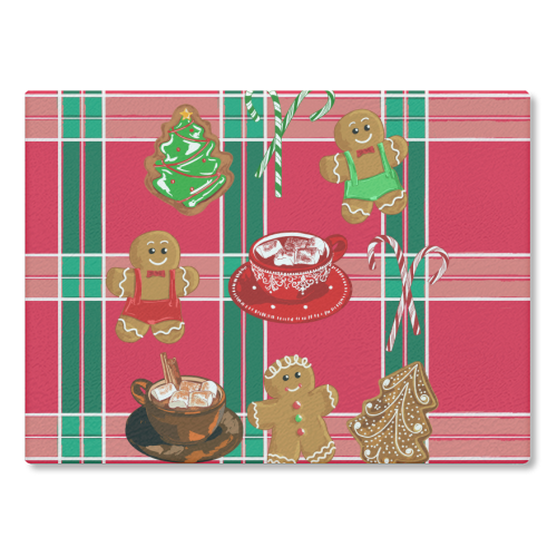Classic Gingerbread Christmas Treats on Red Green Plaid Pattern - glass chopping board by EZbie