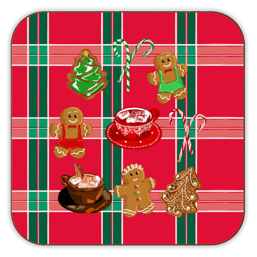 Classic Gingerbread Christmas Treats on Red Green Plaid Pattern - personalised beer coaster by EZbie