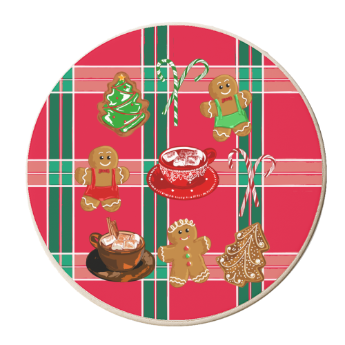 Classic Gingerbread Christmas Treats on Red Green Plaid Pattern - personalised beer coaster by EZbie