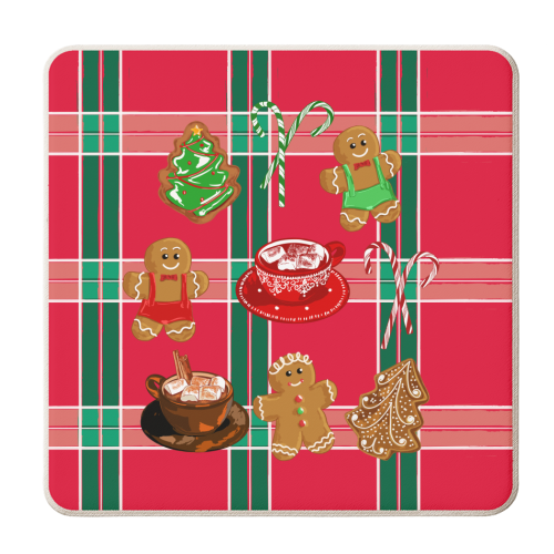 Classic Gingerbread Christmas Treats on Red Green Plaid Pattern - personalised beer coaster by EZbie