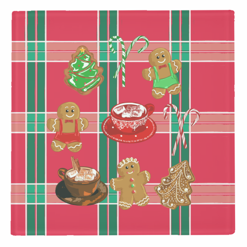 Classic Gingerbread Christmas Treats on Red Green Plaid Pattern - personalised beer coaster by EZbie