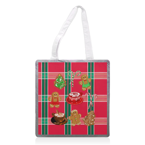 Classic Gingerbread Christmas Treats on Red Green Plaid Pattern - printed canvas tote bag by EZbie