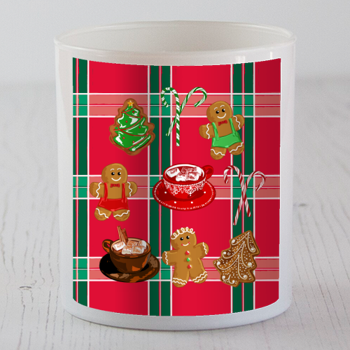 Classic Gingerbread Christmas Treats on Red Green Plaid Pattern - scented candle by EZbie
