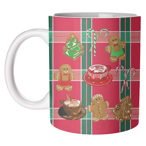 Classic Gingerbread Christmas Treats on Red Green Plaid Pattern - unique mug by EZbie