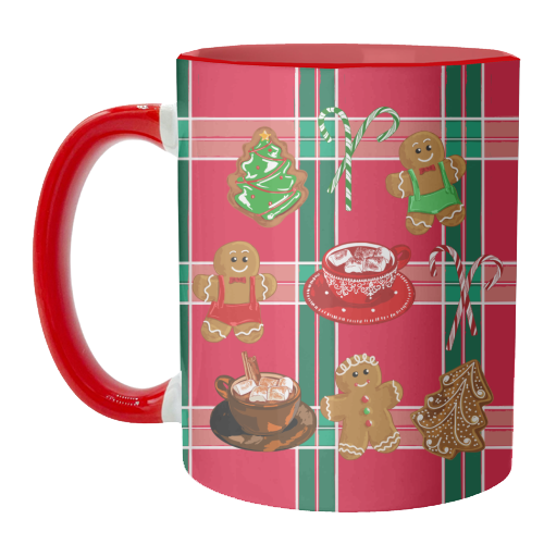 Classic Gingerbread Christmas Treats on Red Green Plaid Pattern - unique mug by EZbie