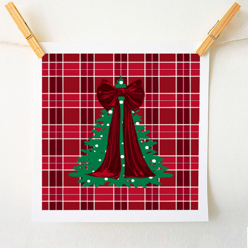 Classic Red Plaid Christmas Tree with Red Bow - A1 - A4 art print by EZbie