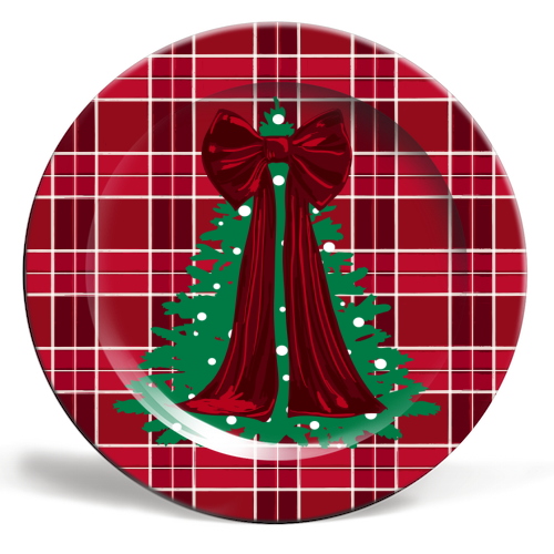 Classic Red Plaid Christmas Tree with Red Bow - ceramic dinner plate by EZbie