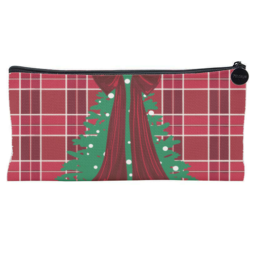 Classic Red Plaid Christmas Tree with Red Bow - flat pencil case by EZbie