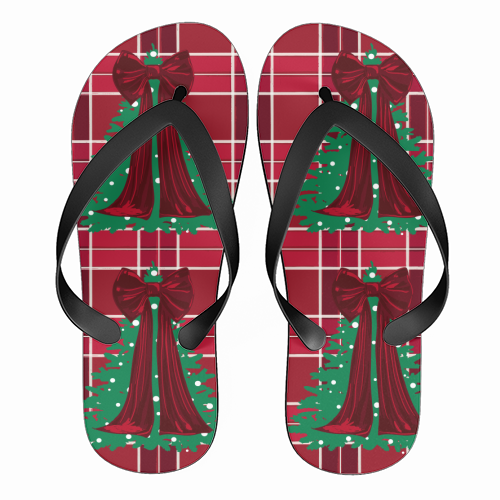 Classic Red Plaid Christmas Tree with Red Bow - funny flip flops by EZbie