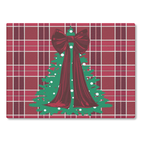 Classic Red Plaid Christmas Tree with Red Bow - glass chopping board by EZbie